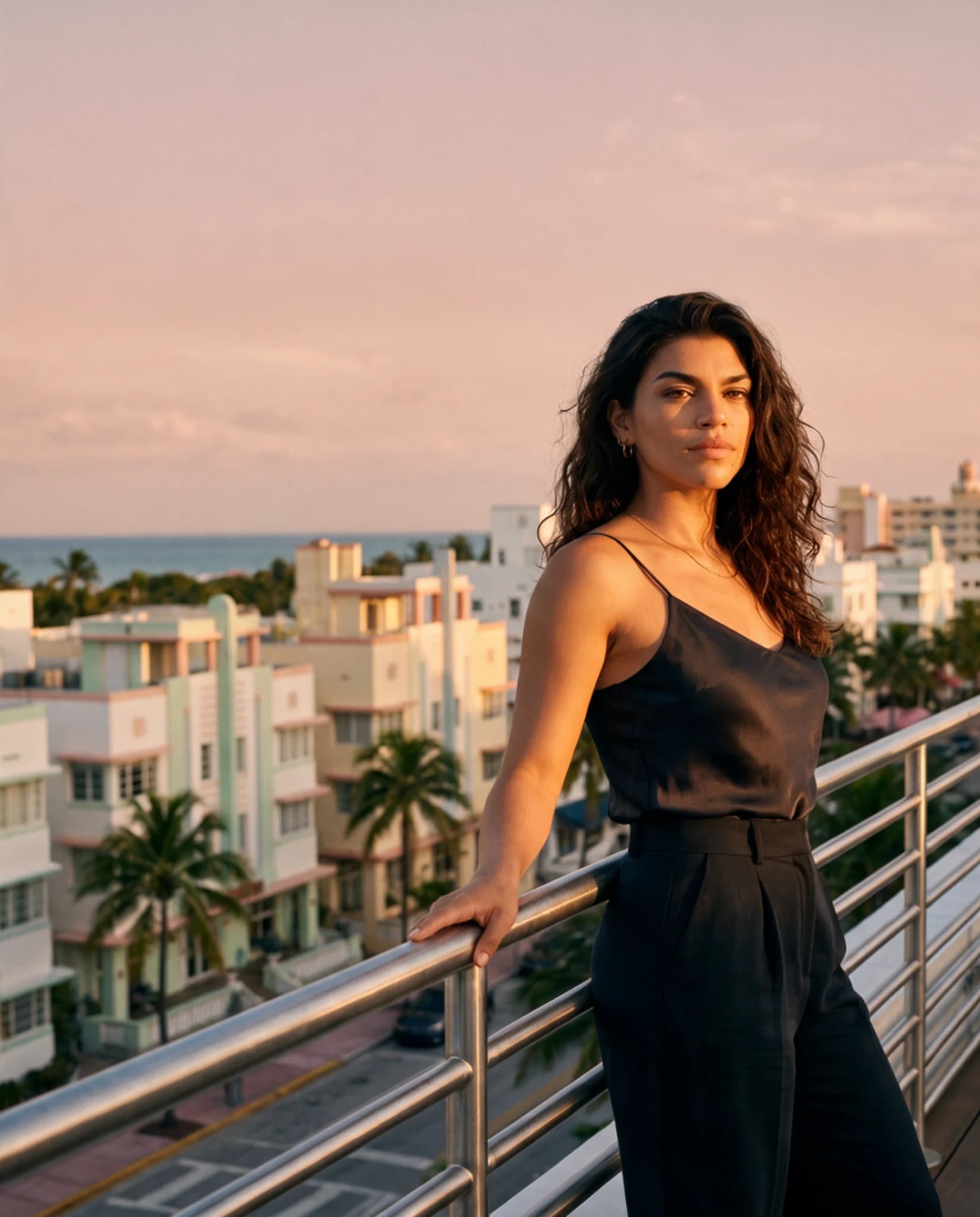 Lucia on a rooftop terrace at sunset